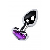 Серебристая коническая анальная пробка с фиолетовым кристаллом-сердечком - 7 см. - ToyFa - купить с доставкой в Салавате