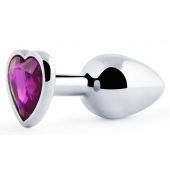 Серебристая анальная пробка с фиолетовым кристаллом-сердечком - 8 см. - Anal Jewelry Plug - купить с доставкой в Салавате
