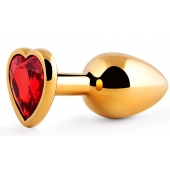 Золотистая анальная пробка с красным стразом-сердечком - 8 см. - Anal Jewelry Plug - купить с доставкой в Салавате