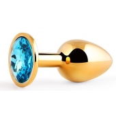 Золотистая анальная пробка с голубым стразом - 7,2 см. - Anal Jewelry Plug - купить с доставкой в Салавате