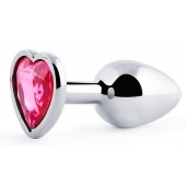 Серебристая анальная пробка с розовым кристаллом-сердечком - 7 см. - Anal Jewelry Plug - купить с доставкой в Салавате