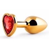 Золотистая анальная пробка с красным стразом-сердечком - 7 см. - Anal Jewelry Plug - купить с доставкой в Салавате