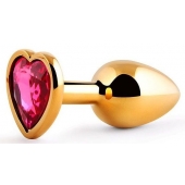 Золотистая анальная пробка с малиновым кристаллом-сердечком - 7 см. - Anal Jewelry Plug - купить с доставкой в Салавате