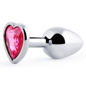 Серебристая анальная пробка с малиновым кристаллом-сердечком - 7 см. - Anal Jewelry Plug - купить с доставкой в Салавате