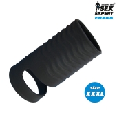 Черная открытая насадка на пенис с кольцом для мошонки XXXL-size - 9,9 см. - Sex Expert - в Салавате купить с доставкой