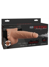 Телесный полый страпон с имитацией эякуляции 7.5  Hollow Squirting Strap-On with Balls Flesh - 21,6 см. - Pipedream - купить с доставкой в Салавате