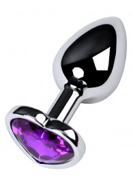 Серебристая коническая анальная пробка с фиолетовым кристаллом-сердечком - 7 см. - ToyFa - купить с доставкой в Салавате