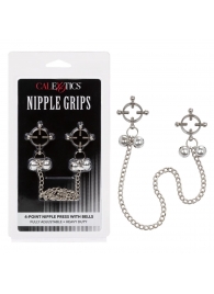 Металлические зажимы для сосков на цепочке Nipple Grips 4-Point Nipple Press with Bells - California Exotic Novelties - купить с доставкой в Салавате