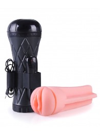 Телесный мастурбатор-вагина в черной колбе с вибрацией - Boys of Toys - в Салавате купить с доставкой