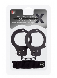 Чёрные наручники из листового металла в комплекте с веревкой BONDX METAL CUFFS LOVE ROPE SET - Dream Toys - купить с доставкой в Салавате