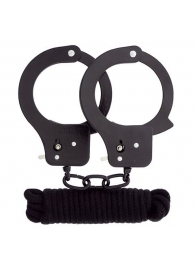 Чёрные наручники из листового металла в комплекте с веревкой BONDX METAL CUFFS LOVE ROPE SET - Dream Toys - купить с доставкой в Салавате