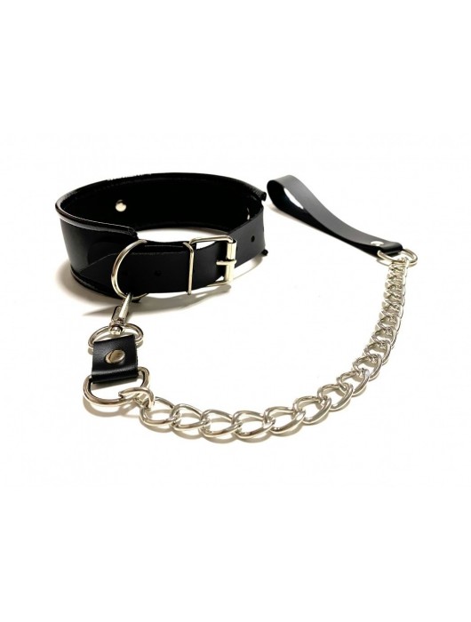 Черный ошейник с поводком из эко-кожи - БДСМ Арсенал - купить с доставкой в Салавате