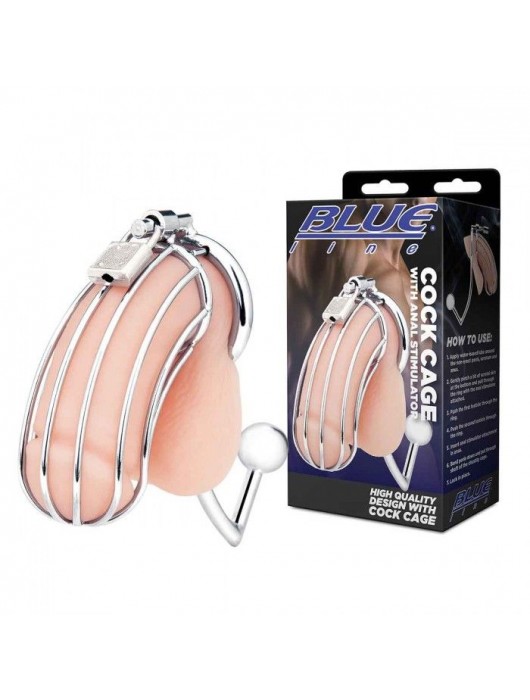 Серебристая металлическая клетка с анальным стимулятором Cock Cage - BlueLine - купить с доставкой в Салавате
