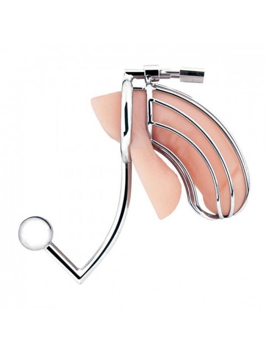 Серебристая металлическая клетка с анальным стимулятором Cock Cage - BlueLine - купить с доставкой в Салавате