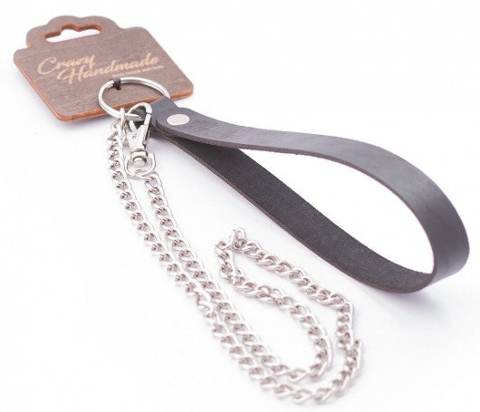 Серебристый металлический поводок с кожаной черной ручкой - 80 см. - Crazy Handmade - купить с доставкой в Салавате