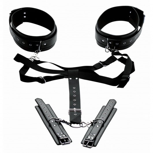 Черная бондажная система Acquire Easy Access Thigh Harness with Wrist Cuffs - XR Brands - купить с доставкой в Салавате