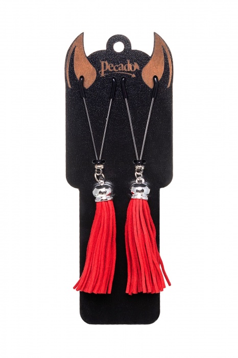 Зажимы на соски «Вилки» с красными кисточками из замши - Pecado - купить с доставкой в Салавате