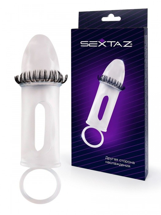 Закрытая насадка на пенис с подхватом мошонки и стимулирующими «ресничками» - Sextaz - в Салавате купить с доставкой