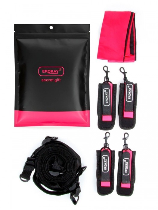 Черно-розовый эротический набор: фиксатор, оковы, наручники, повязка - Erokay - купить с доставкой в Салавате