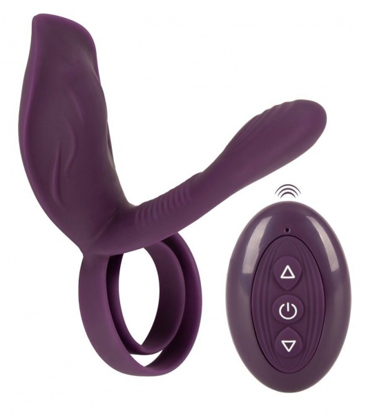 Фиолетовая насадка на член с клиторальным отростком и пультом ДУ RC Couple’s Vibrator 2 - Orion - в Салавате купить с доставкой