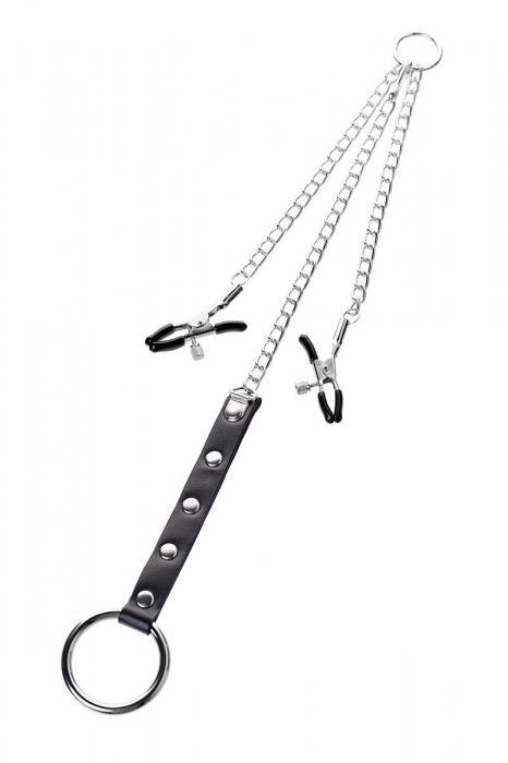 Серебристо-чёрные зажимы для сосков с кольцом для пениса TOYFA Metal - ToyFa - купить с доставкой в Салавате